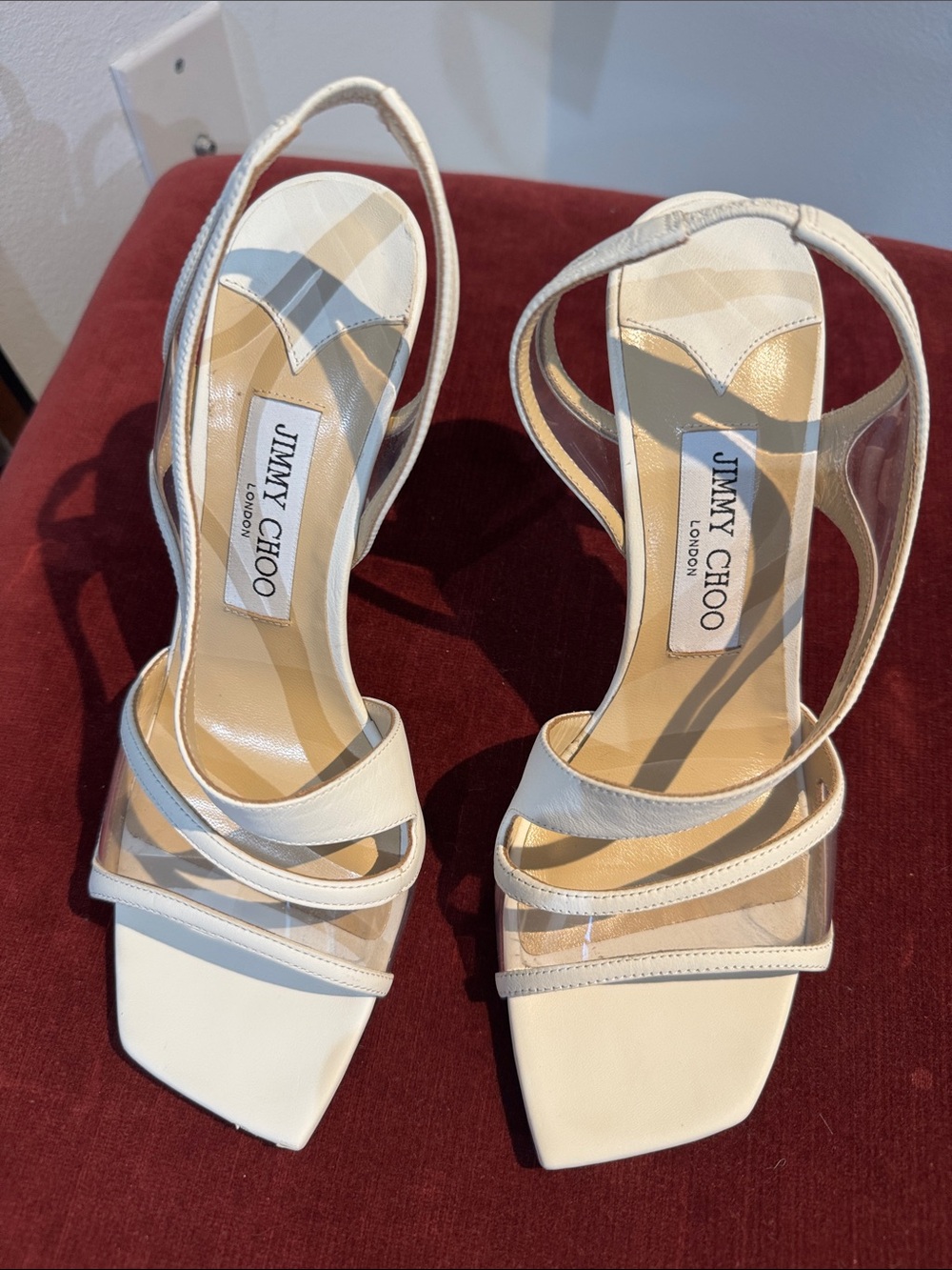 Jimmy Choo Ivory Leather & Clear PVC Slingback Heels Size 38.5 Made in Italy